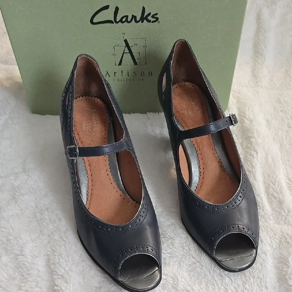 Clarks NavyLeather Heeled Peep-Toe Shoes with Adjustable Strap - Picture 1 of 12